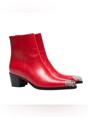 BOYY Milanese Boot Red Leather Snake Cap‎ Toe Block Heel Western Boots Size 40